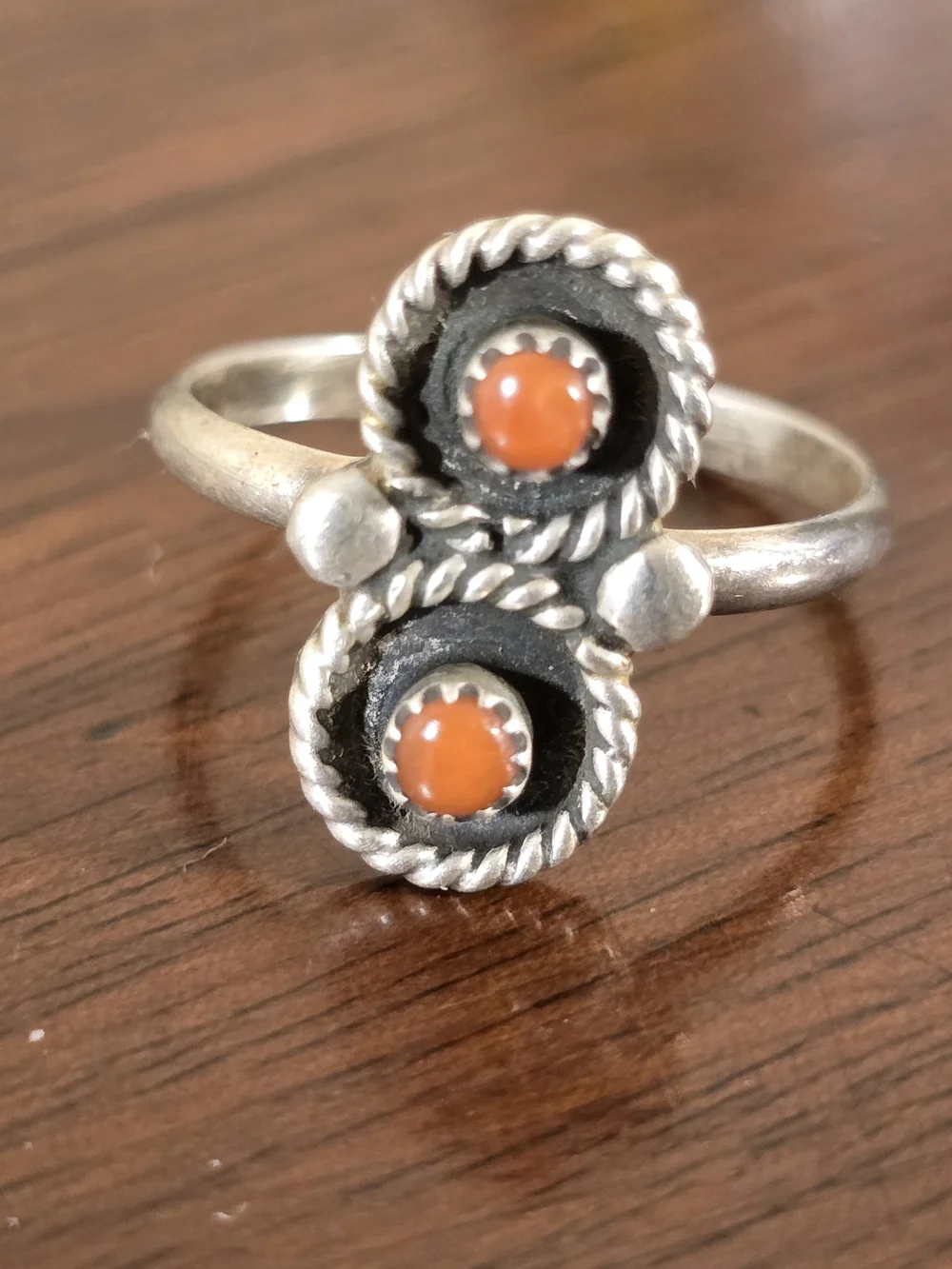 Sterling Style Double Orange Cabochon Rope Ring